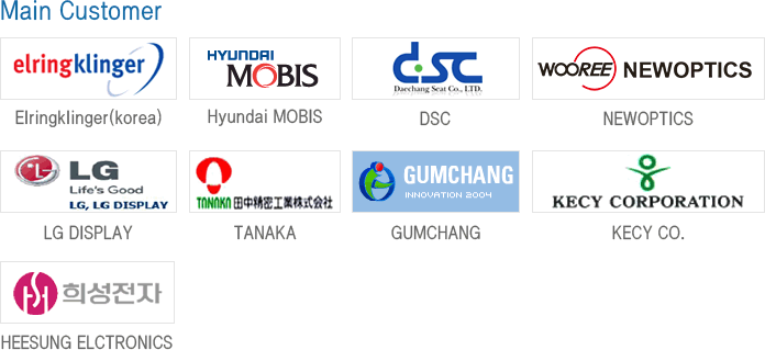 Main Customer : Elringklinger (korea) / Hyundai MOBIS/ DSC / NEWOPTICS / LG DISPLAY / TANAKA / GUMCHANG
/ HEESUNG ELCTRONICS / KECY CO.